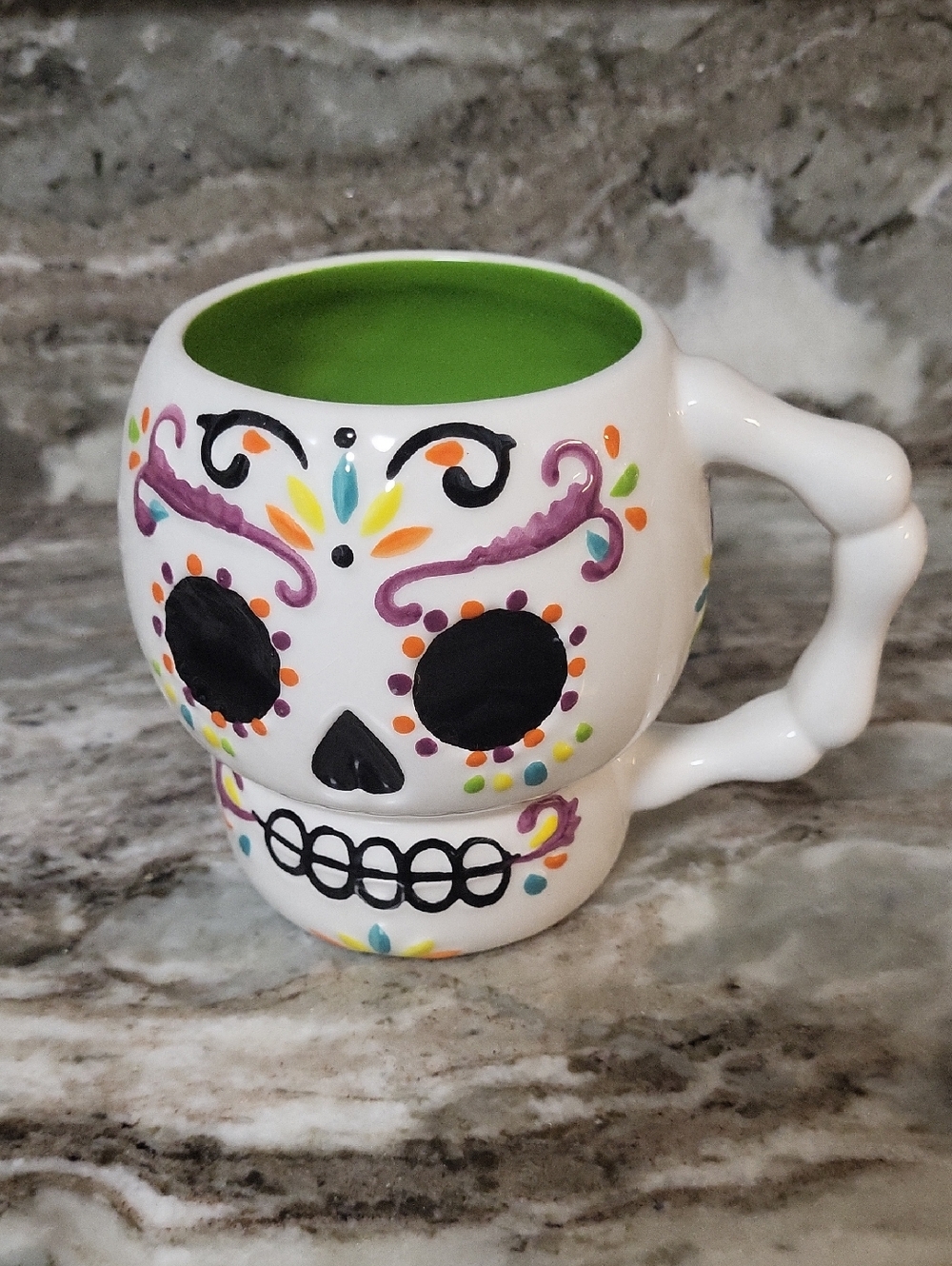 White Sugar Skull Ceramic Coffee Mug with Green Interior